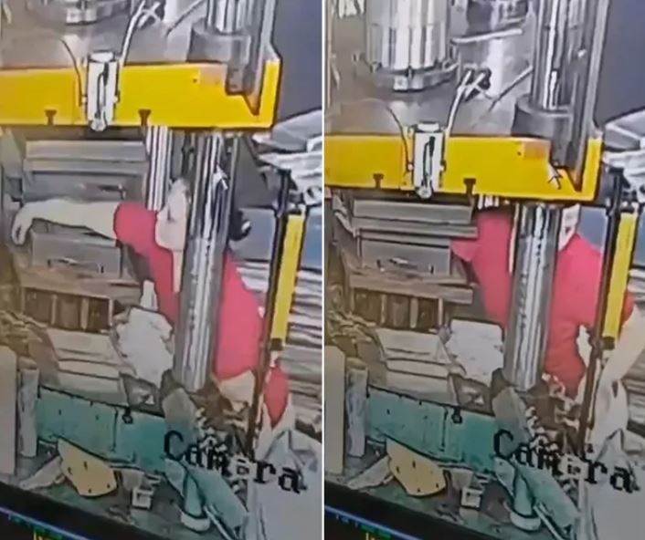 女員工手臂被機器壓扁。（翻攝影片）