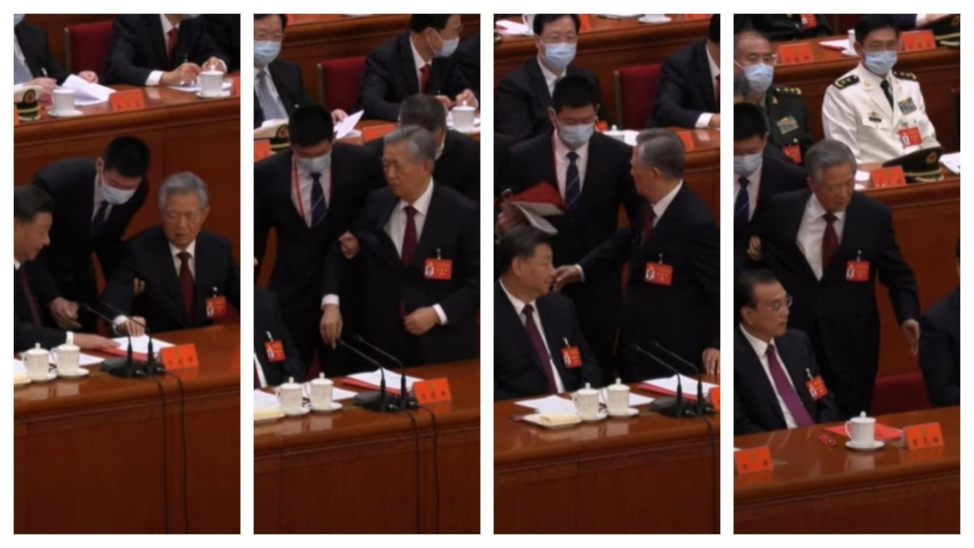 中共20大閉幕會議上，胡錦濤被工作人員帶離開。（翻攝自AFP News Agency　YouTube）