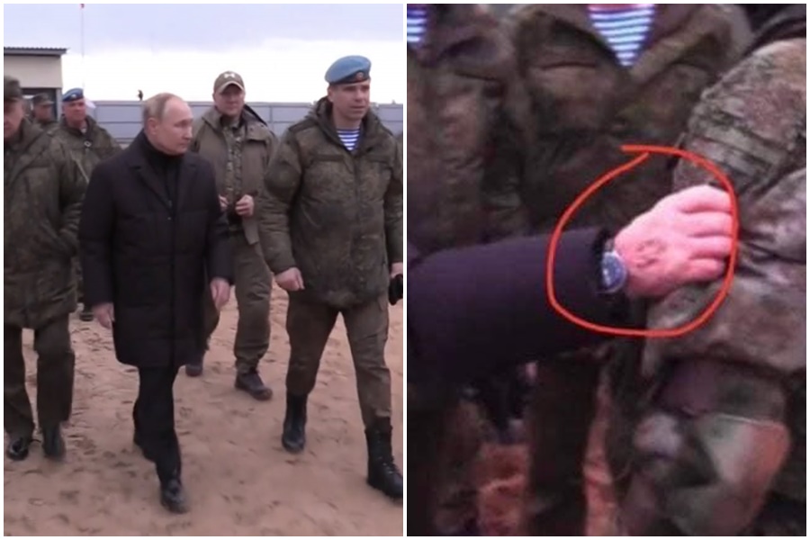 普丁視察動員軍訓營的影片「手背」上的痕跡引發關注。（翻攝自推特）