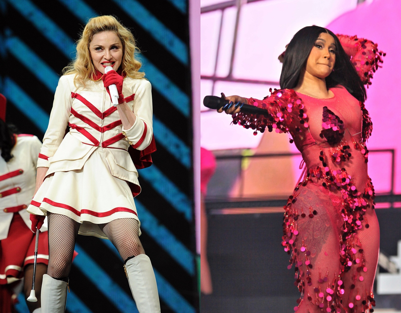 瑪丹娜（左）與卡蒂B（右）差點意外就隔空交火。（東方IC）