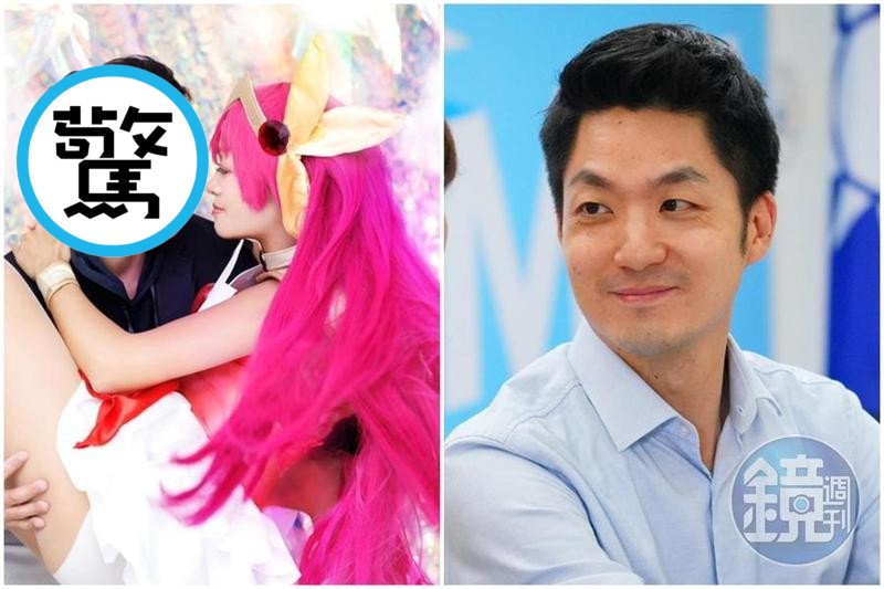 凱莉(左圖右)人生第一次Cosplay與老公合影,老公側臉神似蔣萬安(右)。(左圖翻攝自凱莉蹲下去臉書,右圖本刊資料照)