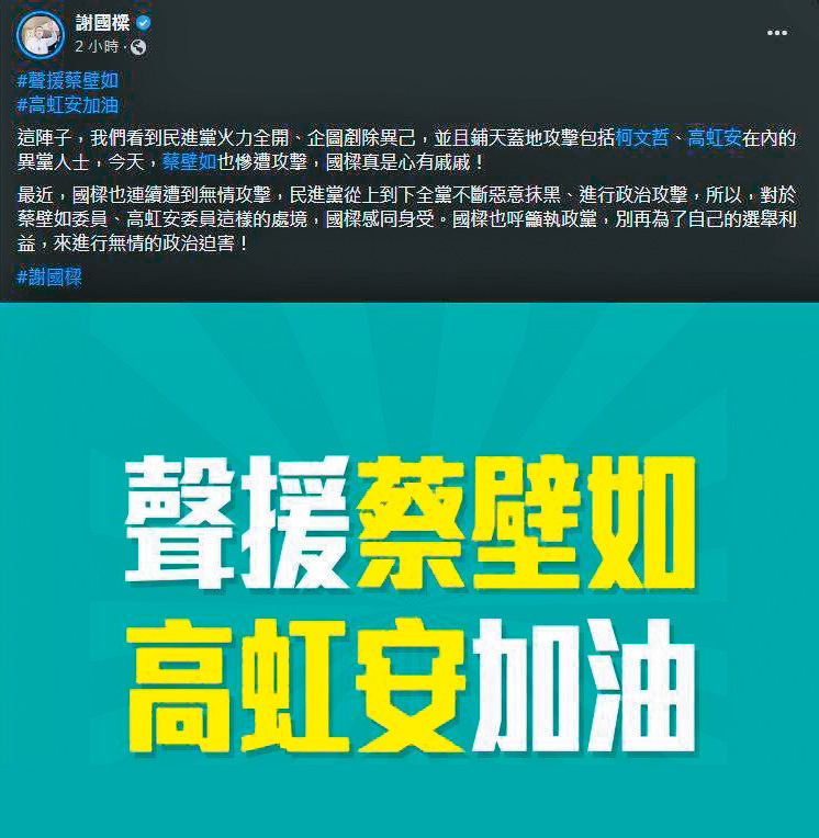 謝國樑日前聲援高虹安論文案，近日又發文力挺蔡壁如。（翻攝謝國樑發臉書）
