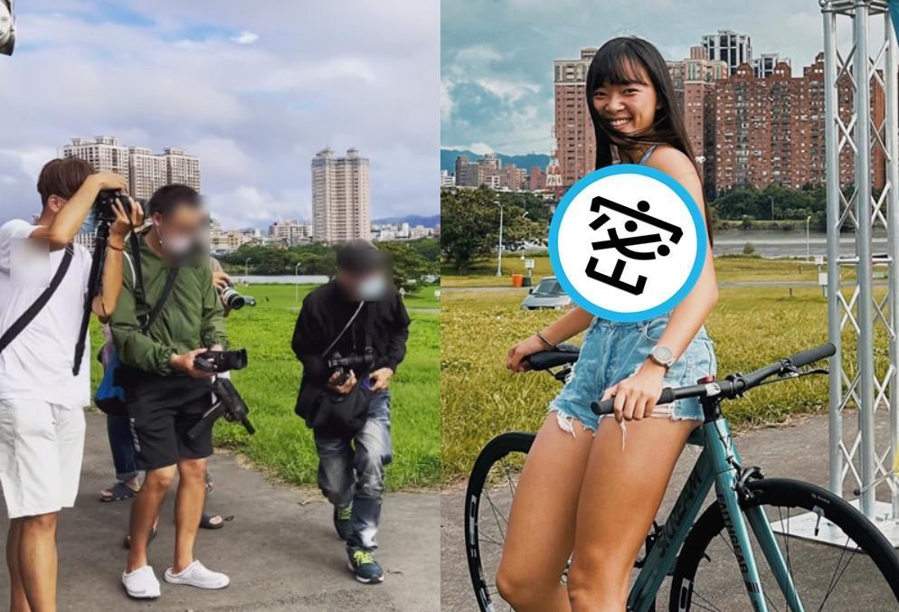 正妹獸醫郭霏參加單車潑水派對,拍照時吸引成群攝影師包圍。(翻攝IG @ffffeifffei)