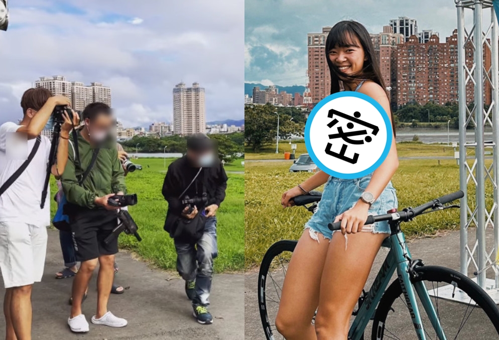 正妹獸醫郭霏參加單車潑水派對，拍照時吸引成群攝影師包圍。（翻攝IG @ffffeifffei）