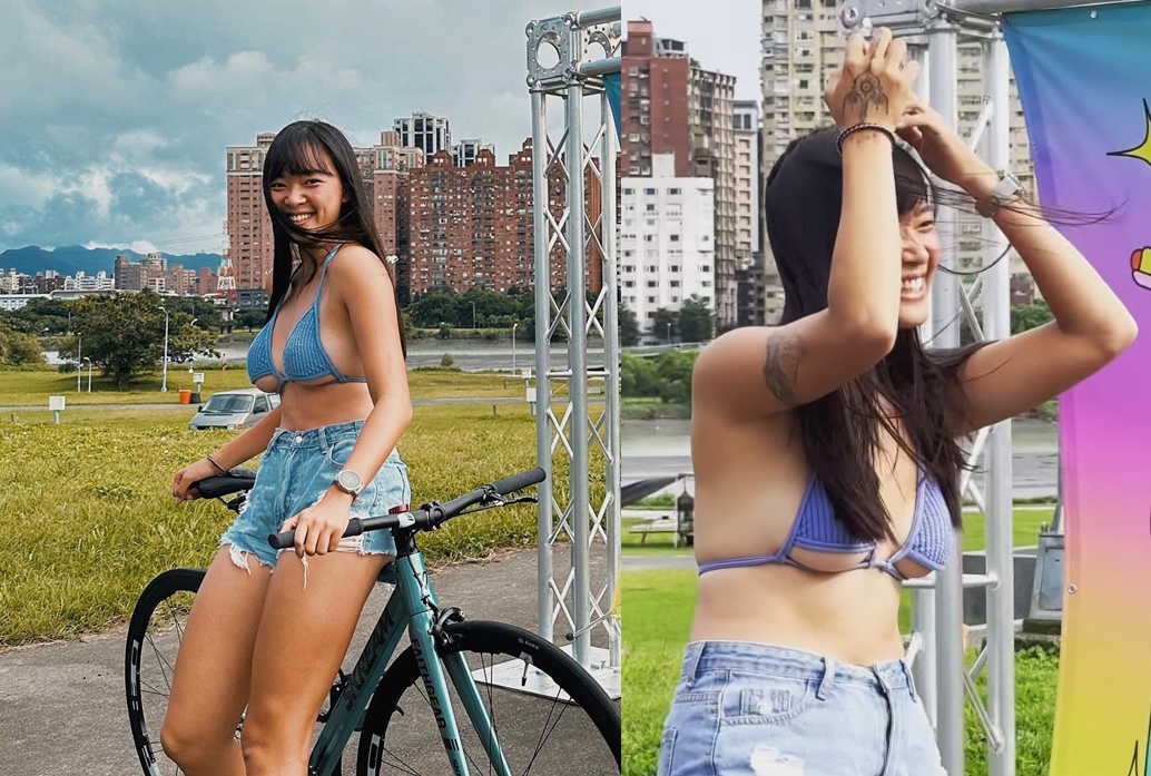 郭霏穿比基尼辣曬南半球，發現遭攝影師光速包圍拍照時尷尬傻笑。（翻攝IG @ffffeifffei）