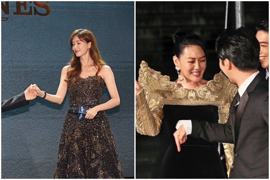 小S（左）的大墊肩撞倒麥克風架，還怪派翠克搶鏡頭。林志玲（右）為黃子佼禱告祈福，結果佼哥果真得金鐘獎！
