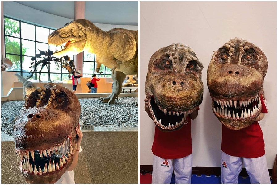 西洋萬聖節將至，有家長神製作出恐龍頭套。（翻攝自爆廢公社公開版）