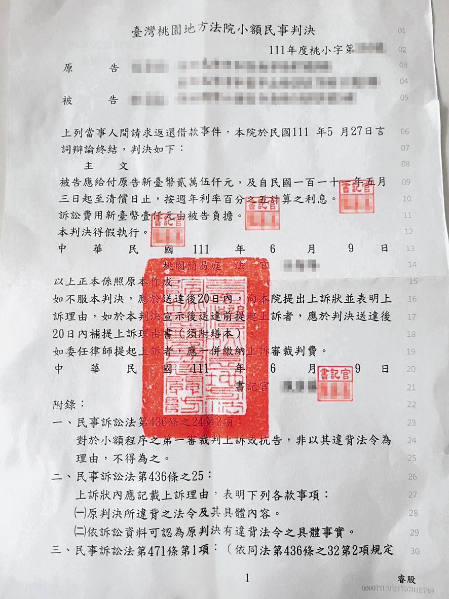 苡若上法院向男優討錢，判決下來雖勝訴，但目前苡若還沒收到欠款。（苡若提供）