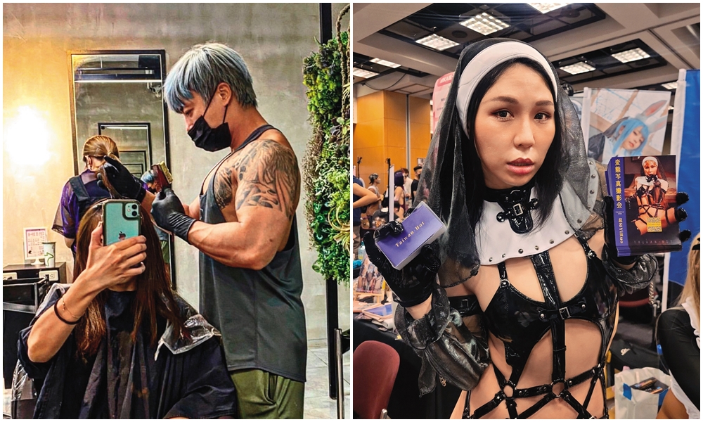 苡若（右）年僅23歲，有D罩杯的火辣身材。欠苡若錢的男優文森（左）自稱「台灣清水健」，除了拍片苦幹實幹外，也兼職做美髮師。（翻攝自苡若推特、king_style_one IG）