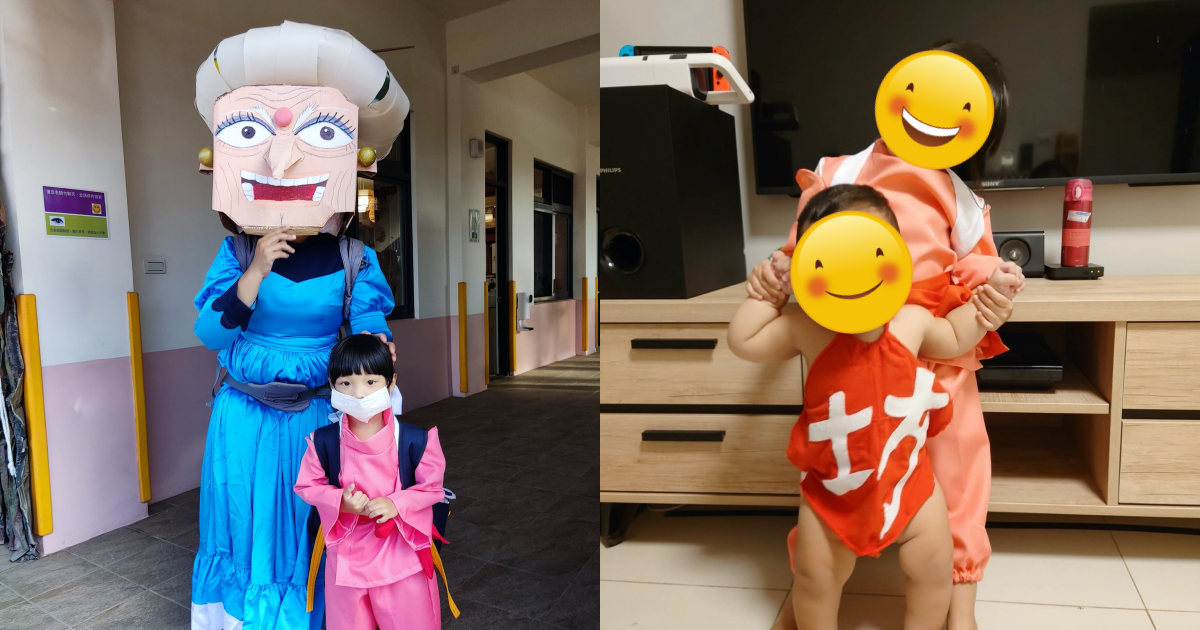 網友把一家人打扮成《神隱少女》的角色，大獲好評。（翻攝自爆廢公社公開版）