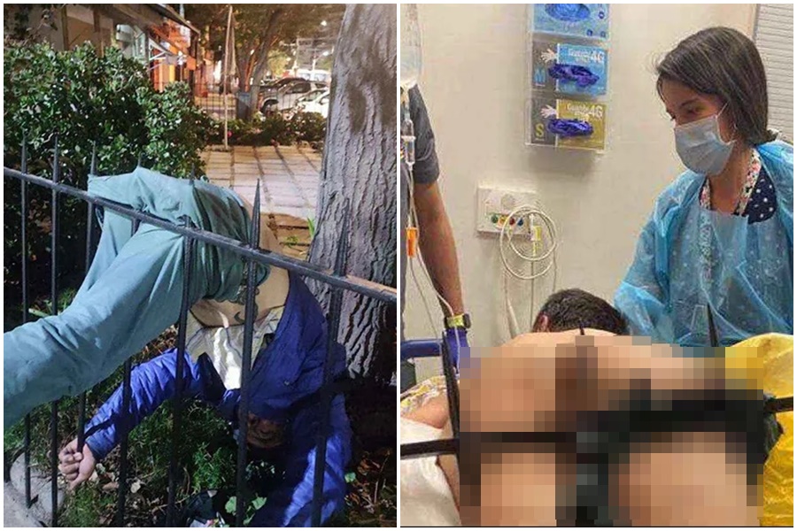 1名竊賊逃跑時失足，下體直接掛在護欄，其中一根尖刺刺穿了竊賊的睪丸。（翻攝自推特）