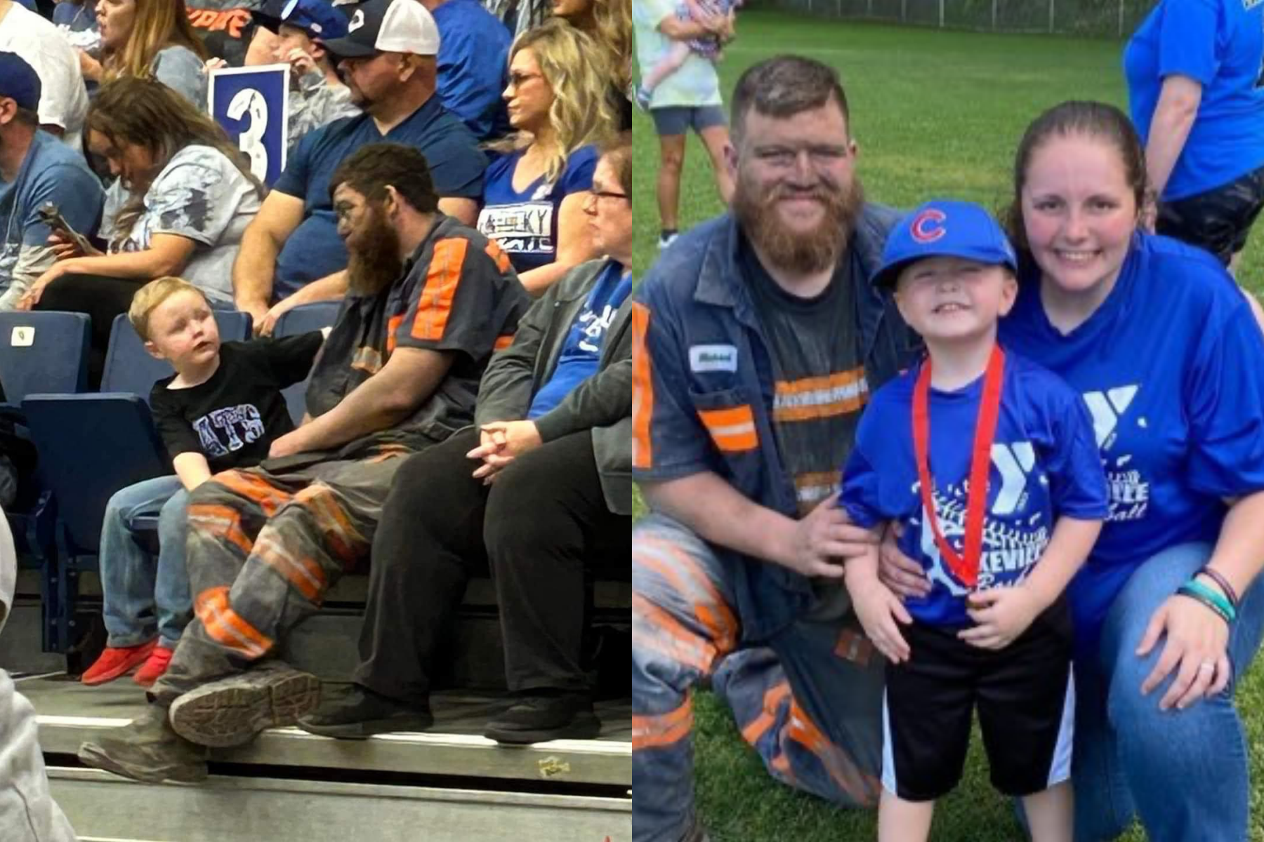 美國一名礦工父親來不及洗漱就陪兒子去看球的畫面，感動上千網友。（翻攝自John Calipari、Mollie Gail McGuire twitter）