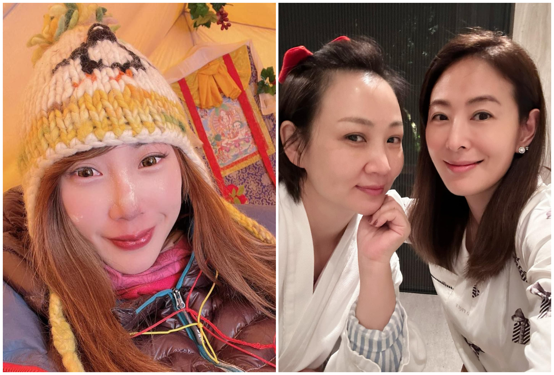 曾格爾（左圖）歡迎岳姓正宮的好友郁方（右圖左起）、賈永婕一起挑戰第14座8,000公尺高山。（翻攝曾格爾臉書、賈永婕臉書）