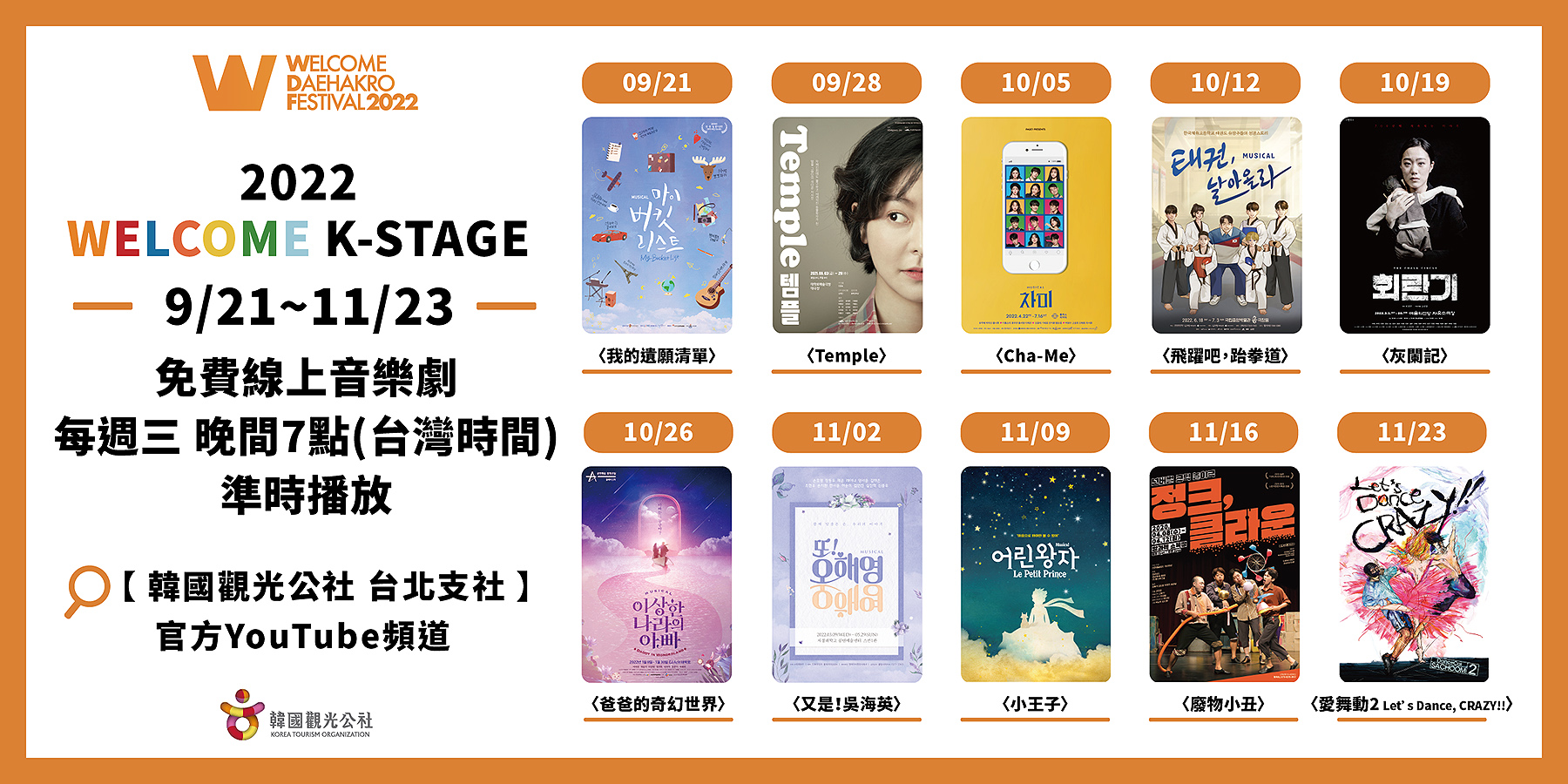為了讓民眾在台灣就能感受韓國大學路公演的熱血沸騰,即日起至11月23日前,民眾可在「韓國觀光公社台北支社」官方YouTube頻道免費欣賞10齣線上音樂劇。(韓國觀光公社提供)