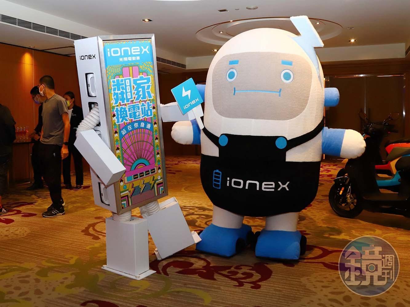 IONEX最新品牌識別：「站站」公仔以及電池人玩偶。