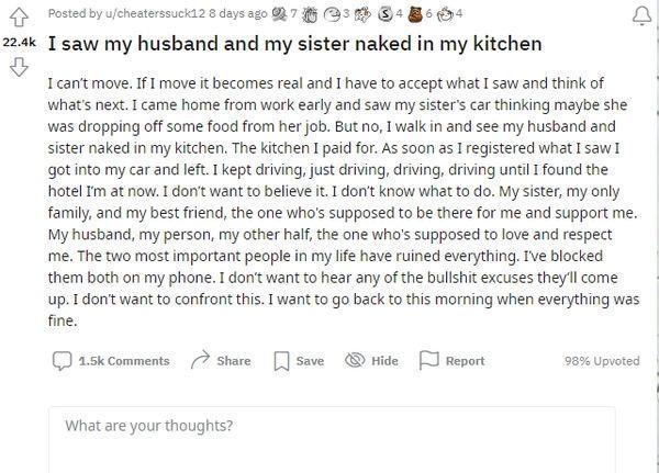 一名人妻在論壇上崩潰表示自己遭心愛人與親人背叛。（翻攝自Reddit）