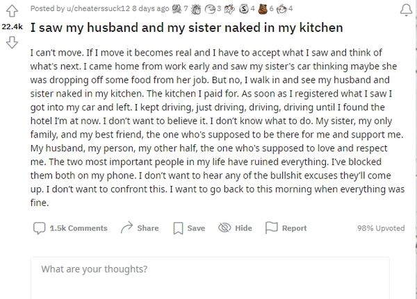 一名人妻在論壇上崩潰表示自己遭心愛人與親人背叛。(翻攝自Reddit)