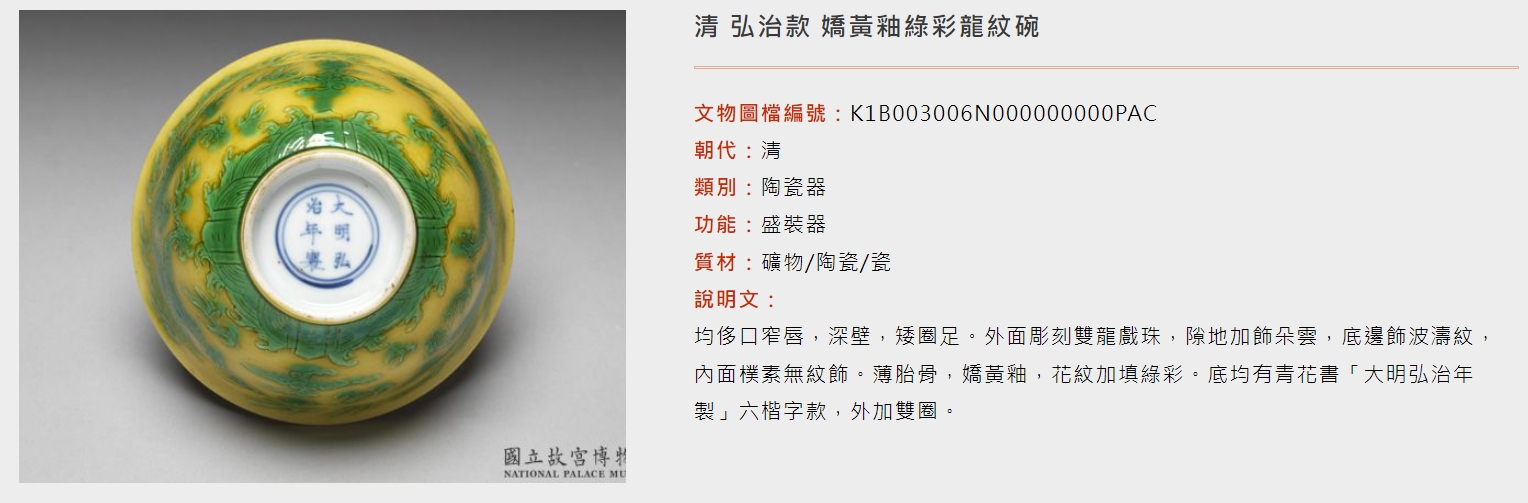 摔破的「嬌黃釉綠彩龍紋碗」類別是陶瓷器,功能是盛裝器。(翻攝自故宮官網)