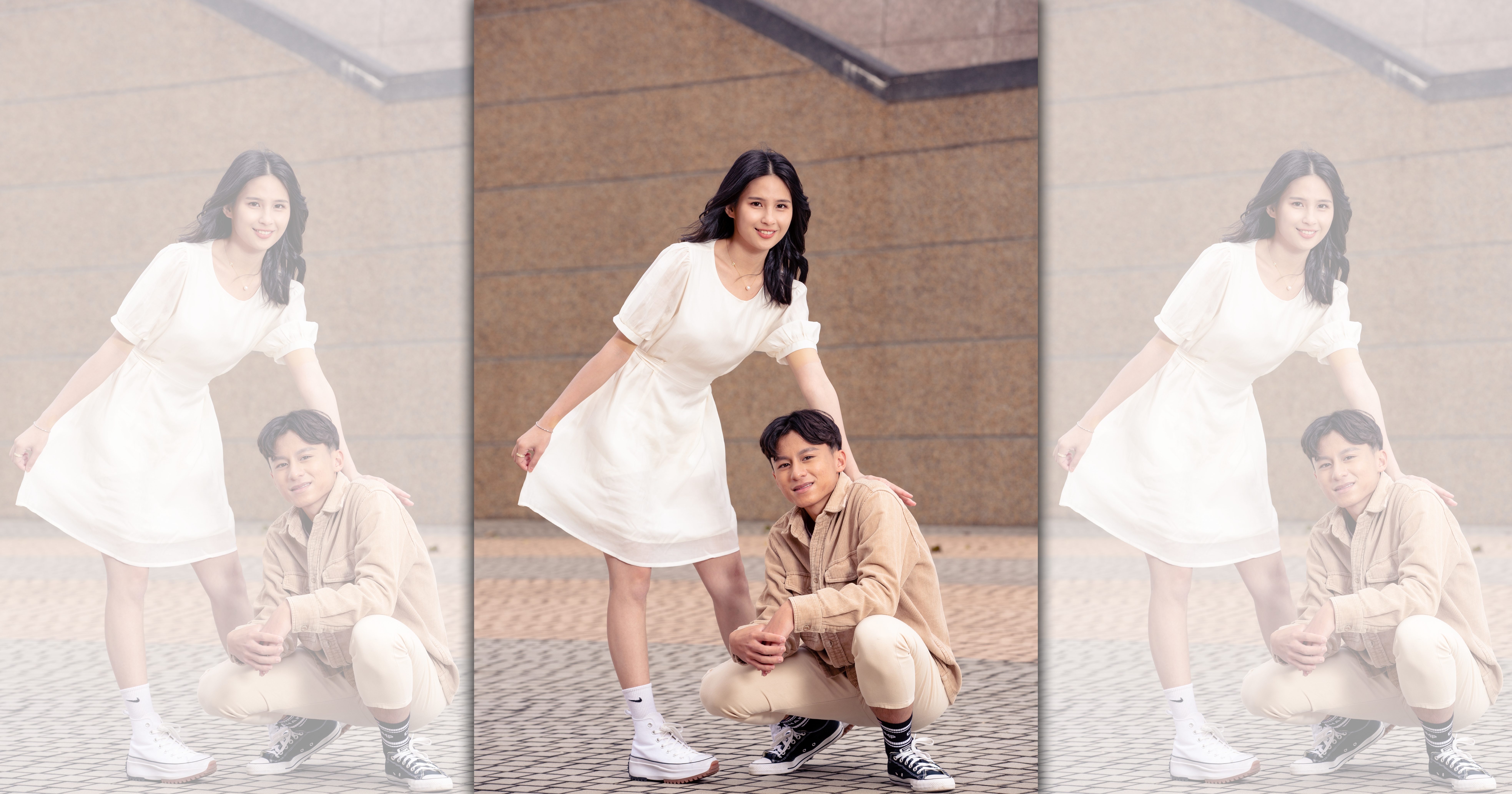 林亭莉（左）與張祖鈞在《哈勇家》飾演堂姐弟，戲外也如姐弟般親密，較有拍照經驗的林亭莉還會指導張祖鈞怎樣擺姿勢。