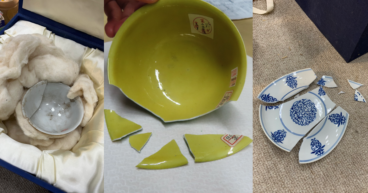 故宮3件明清時代的瓷器損毀，其中「清 乾隆青花花卉盤」（右）為工作人員摔破。（故宮博物院提供）