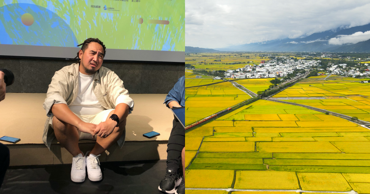 池上秋收稻穗藝術節本週熱鬧登場，受邀演出的Matzka隨性坐在台前受訪，笑稱要多買幾包池上米給女兒吃。（台灣好提供）