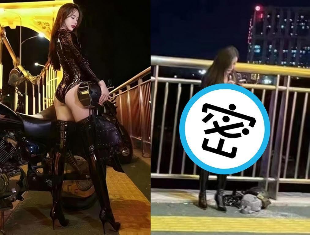 網友在天橋偶遇網美拍照,照片角度不同,拍出兩種不同評價。(翻攝社團「爆廢公社公開版」)