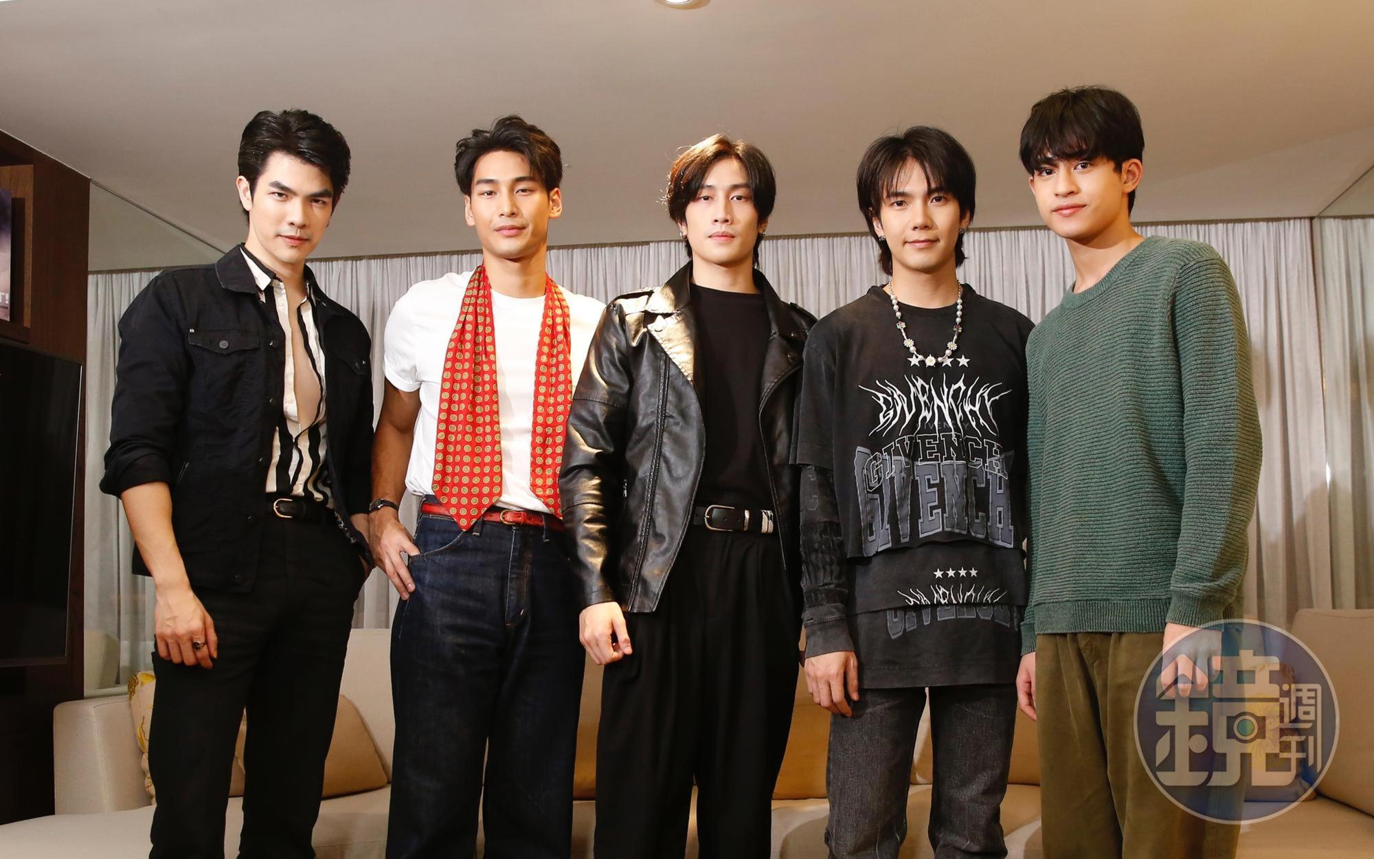 《黑幫少爺愛上我》5位主演接受台媒訪問，左起Mile、Apo、Bible、build和Barcode。