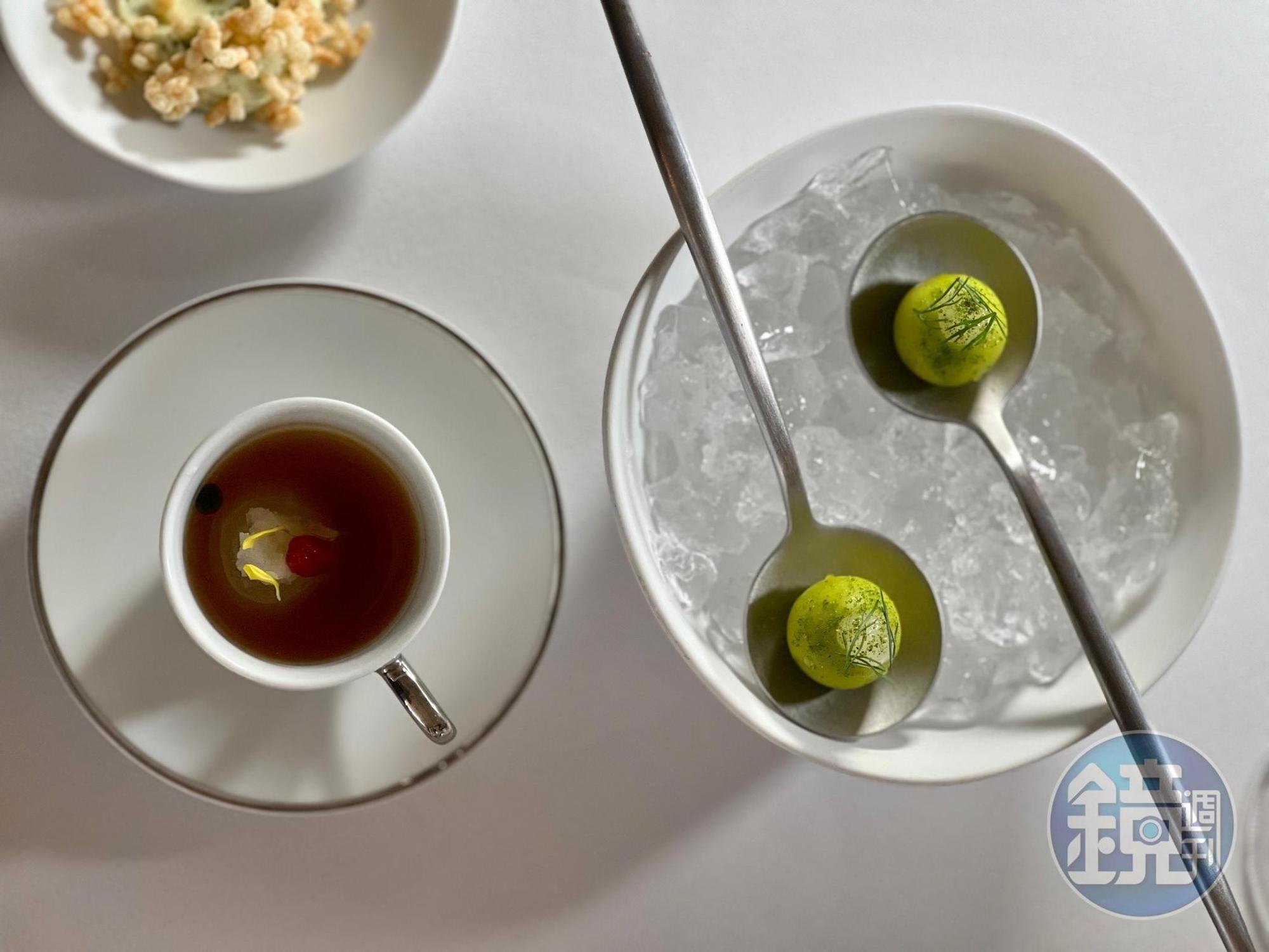 開胃小點「哈密瓜」冷湯球與以白蘿蔔為主角的「辦桌裡的菜尾湯」。