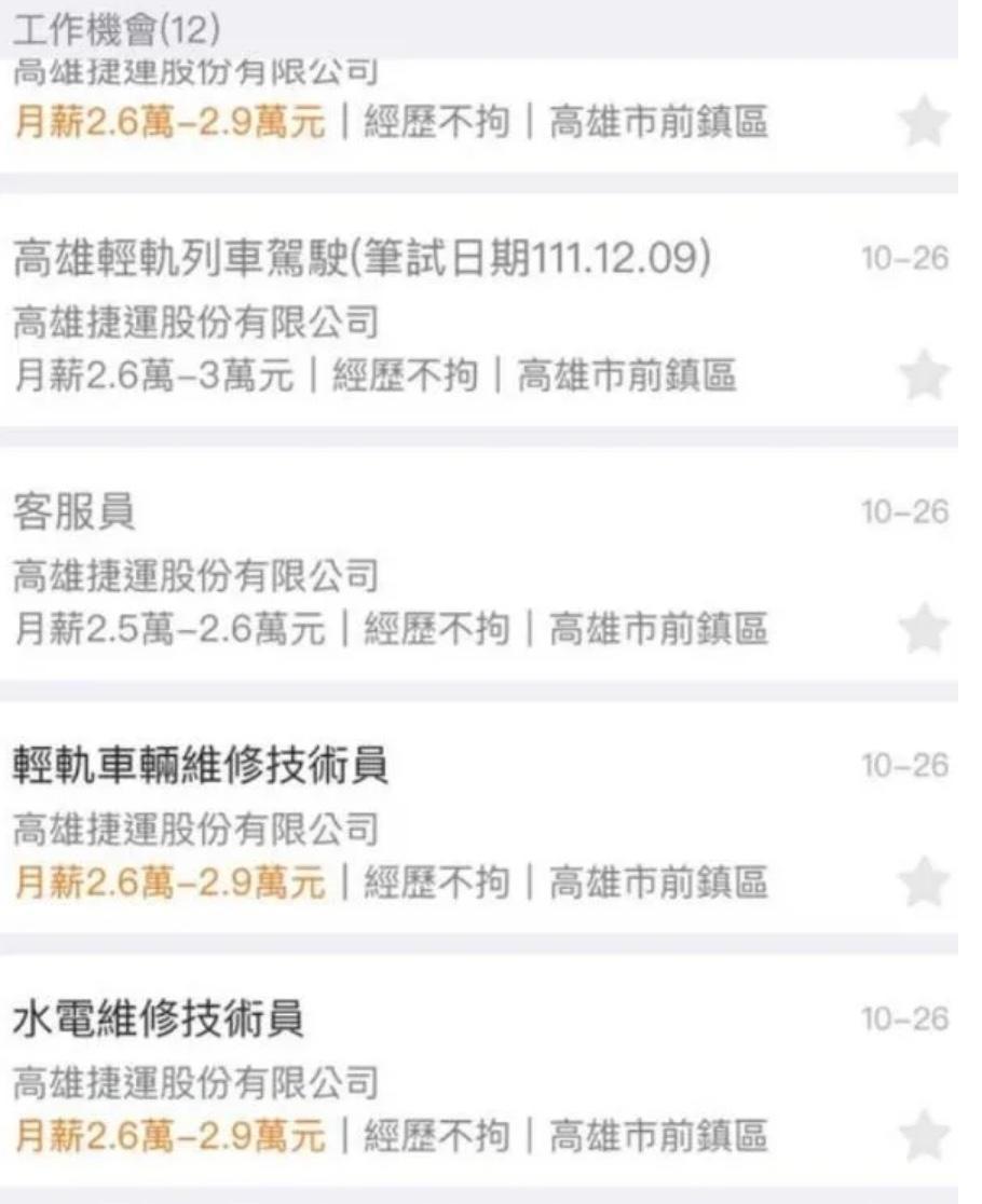 高捷開出的職缺，薪資落在26K至30K之間。（翻攝人力銀行網頁）