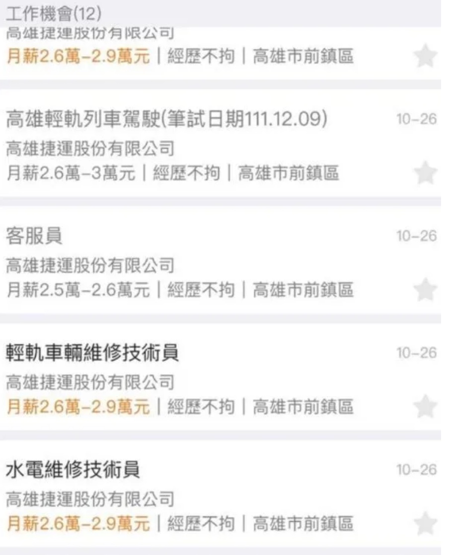高捷開出的職缺，薪資落在26K至30K之間。（翻攝人力銀行網頁）