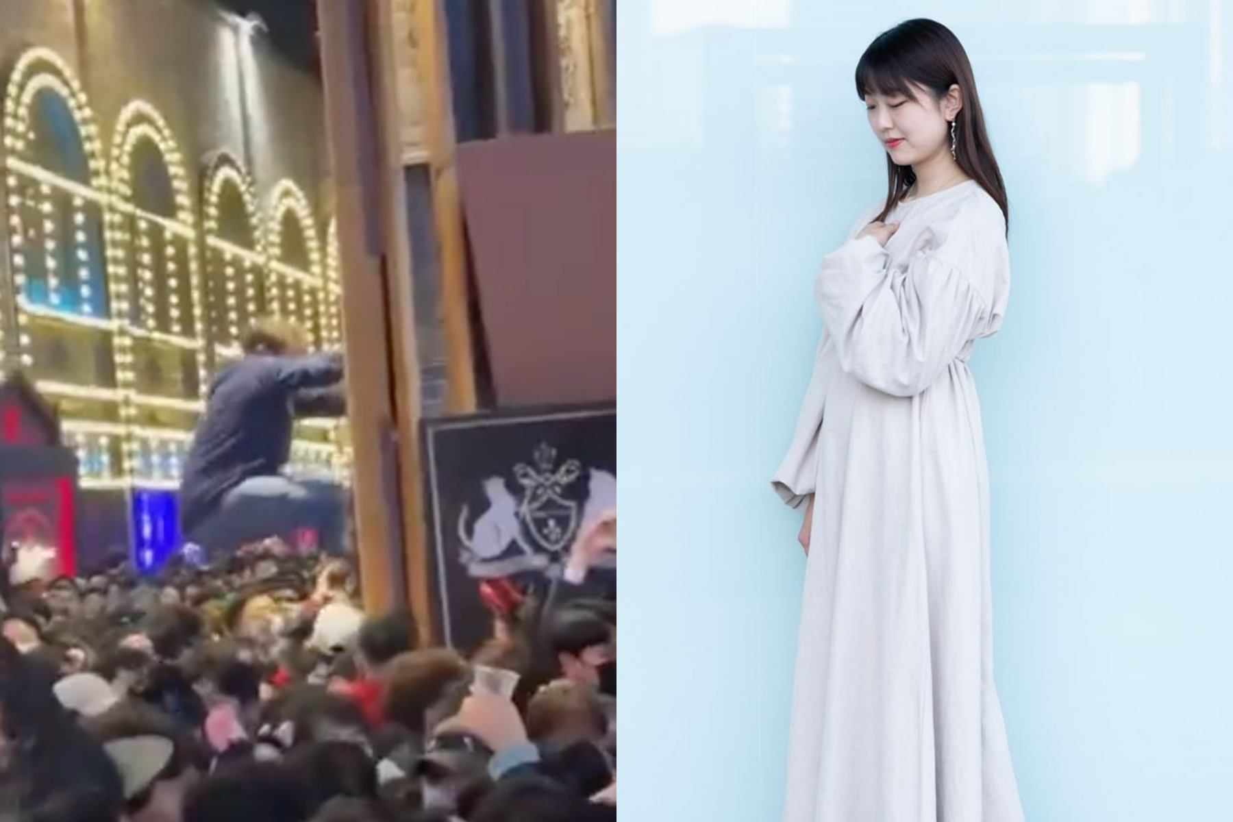 梨泰院慘案兩樣情，一名男子攀爬至高處逃生（左圖）獲讚，不過日籍死者冨川芽生（右圖）就沒那麼幸運。（翻攝自twitter、冨川芽生臉書）