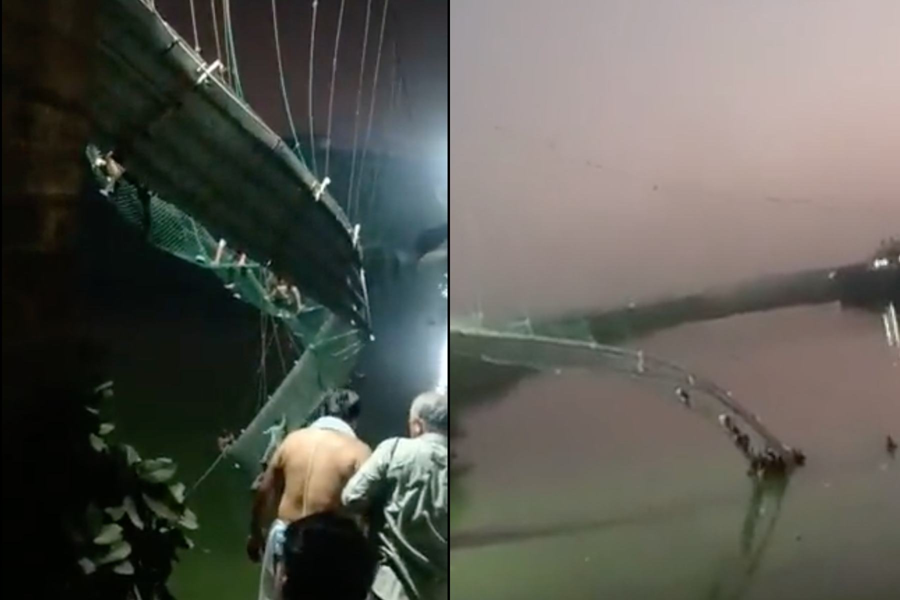 印度古吉拉特邦莫爾比的觀光吊橋斷裂,導致百人落水,數十人身亡。(翻攝自twitter)