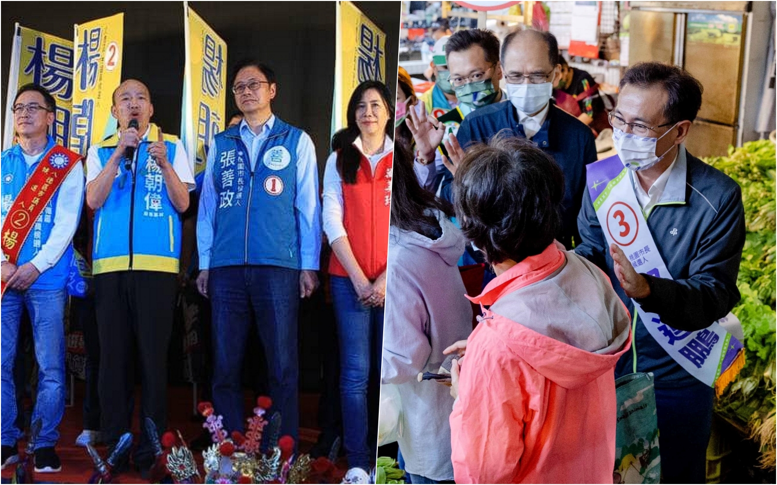 韓國瑜30日合體輔選張善政（左圖），而鄭運鵬則找來游錫堃掃街拜票（右圖）。（翻攝自韓國瑜、鄭運鵬臉書）