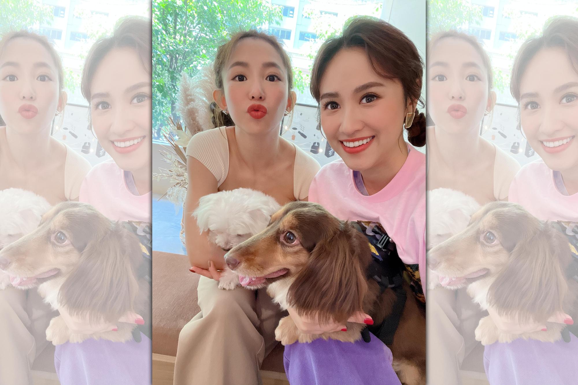 郭書瑤（左）帶著愛犬上Sandy主持的寵物實境節目錄影。（TVBS提供）