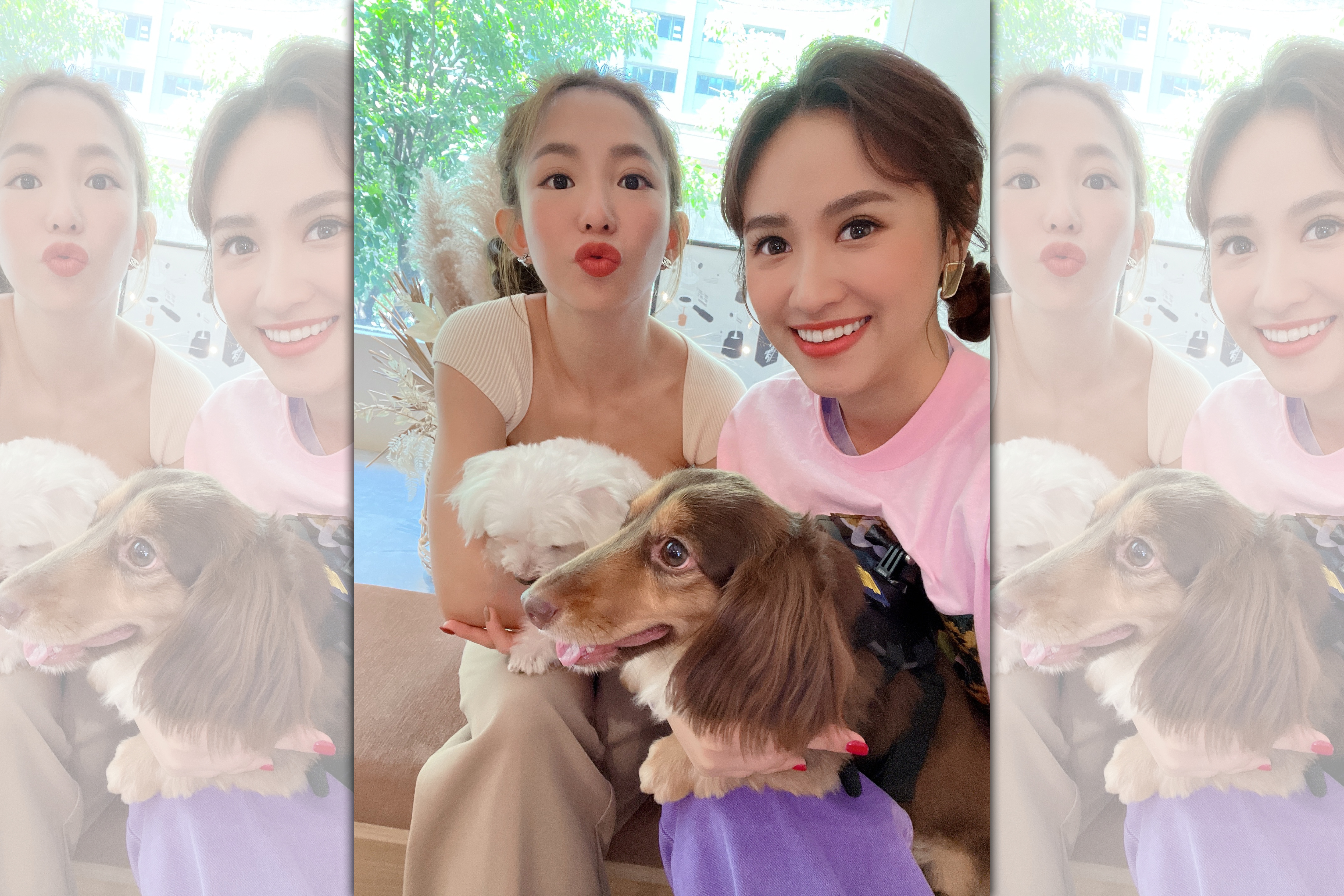 郭書瑤（左）帶著愛犬上Sandy主持的寵物實境節目錄影。（TVBS提供）