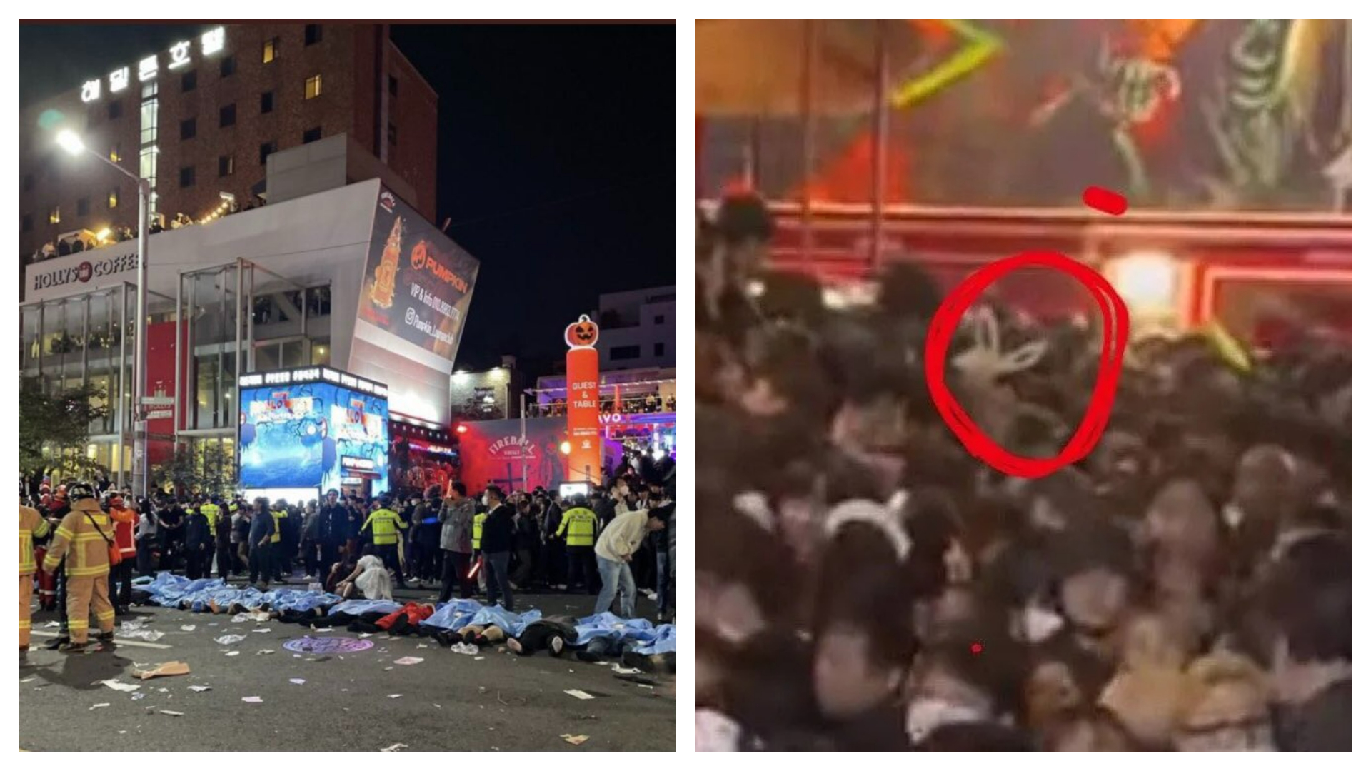 梨泰院踩踏事故釀嚴重傷亡，不少證言直指是一群男生故意推擠，其中戴兔耳的男子更是惡劣。（翻攝自推特@realsikaosk）