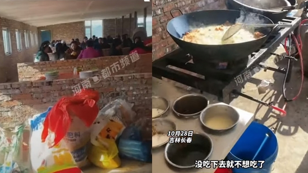 中國長春有新人在豬圈舉辦婚宴，女賓客到場傻眼吃不下去。（翻攝微博@西部決策）