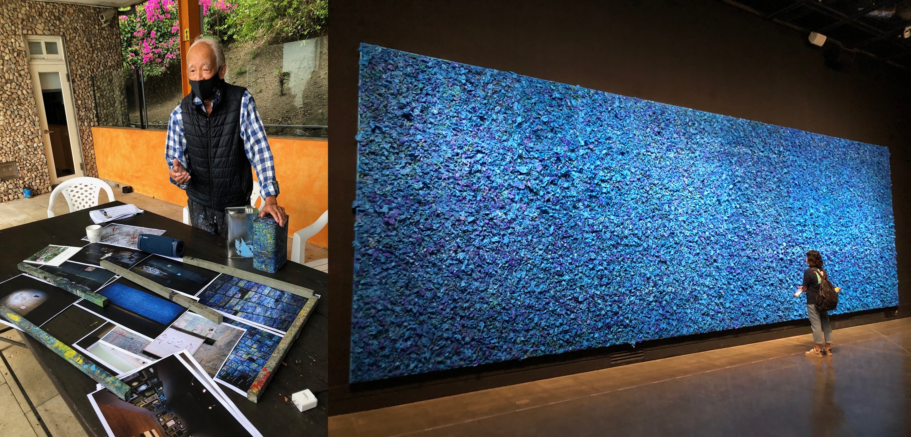 江賢二介紹台東美術館展出作品,其中〈海的聲音〉(右圖)是把對海的印象結合紙團的創作,充滿詩意。