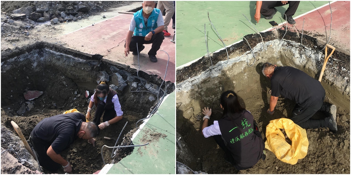 彰化某國中的操場施工時挖出人骨。（翻攝畫面）