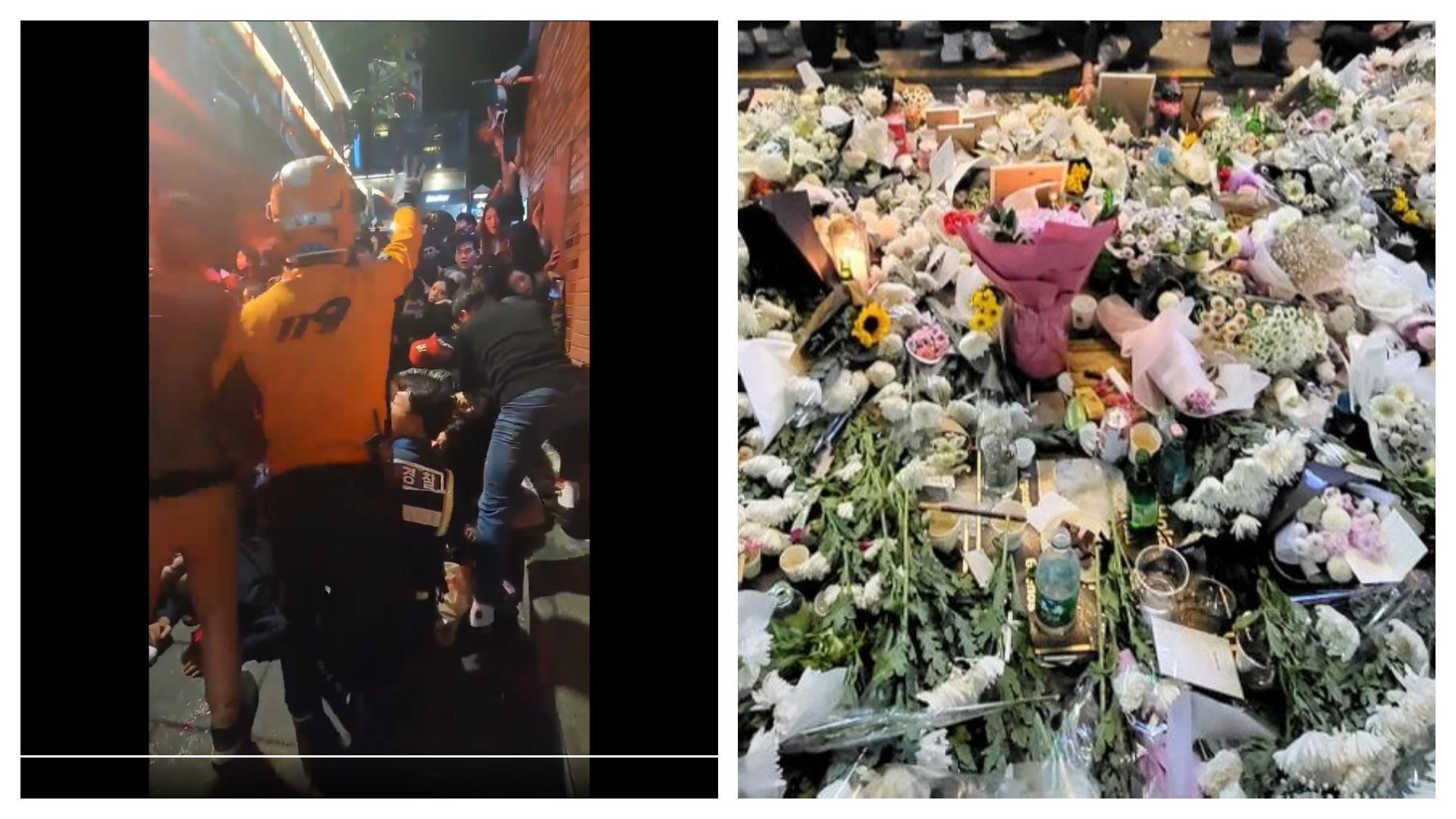 梨泰院萬聖節活動因推擠，釀人群在巷子內崩跌成一團釀嚴重死傷，民眾紛紛自主獻花致哀。（翻攝自推特@HO_HiddenKARDs、@DelValJK）
