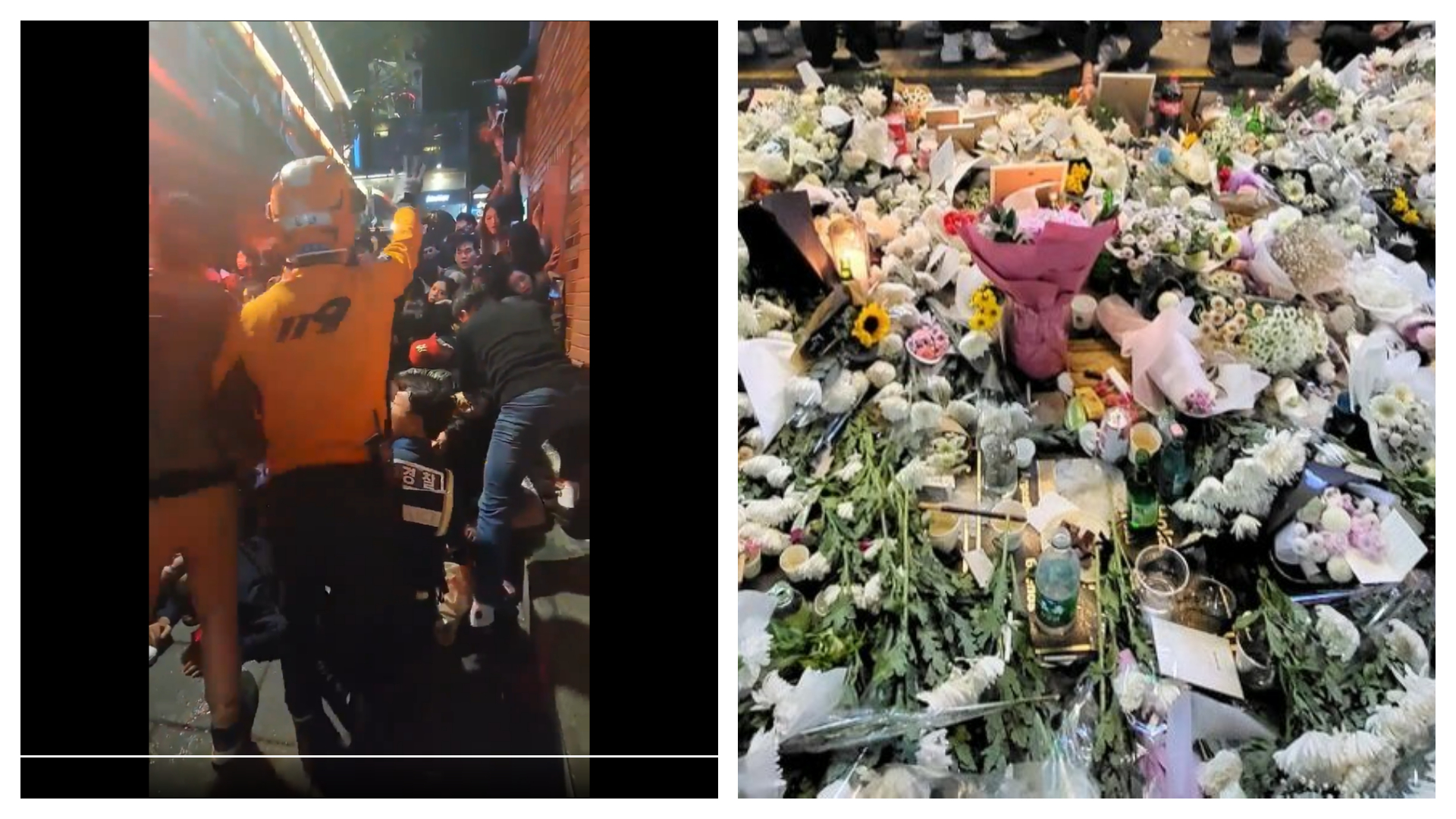 梨泰院萬聖節活動因推擠,釀人群在巷子內崩跌成一團釀嚴重死傷,民眾紛紛自主獻花致哀。(翻攝自推特@HO_HiddenKARDs、@DelValJK)