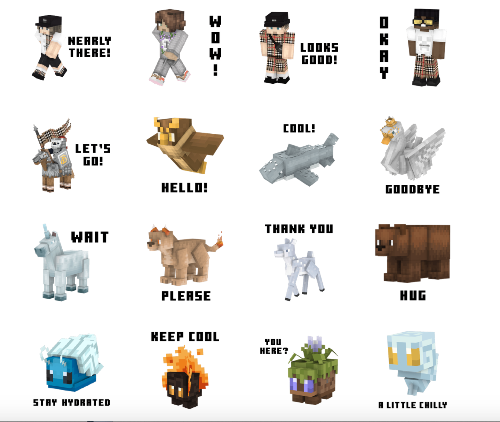 與Minecraft共同設計的Line獨家貼圖,有獨角獸、貓頭鷹、天鵝共16款神祕生物。(Burberry提供)