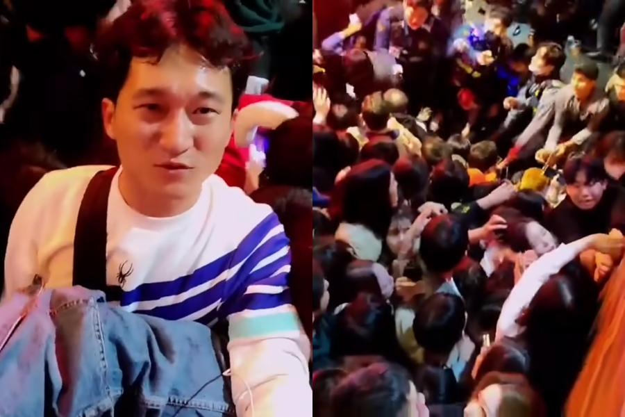 一名直播主在梨泰院踩踏現場的影片曝光，可見人潮滿滿相當擁擠。（翻攝自YouTube）