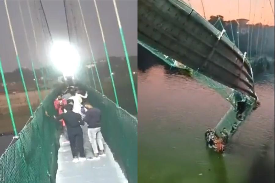 印度莫爾比的吊橋斷裂釀141死，事後有目擊者聲稱，當時保全曾叫大家不要推擠與搖晃。（翻攝自twitter）