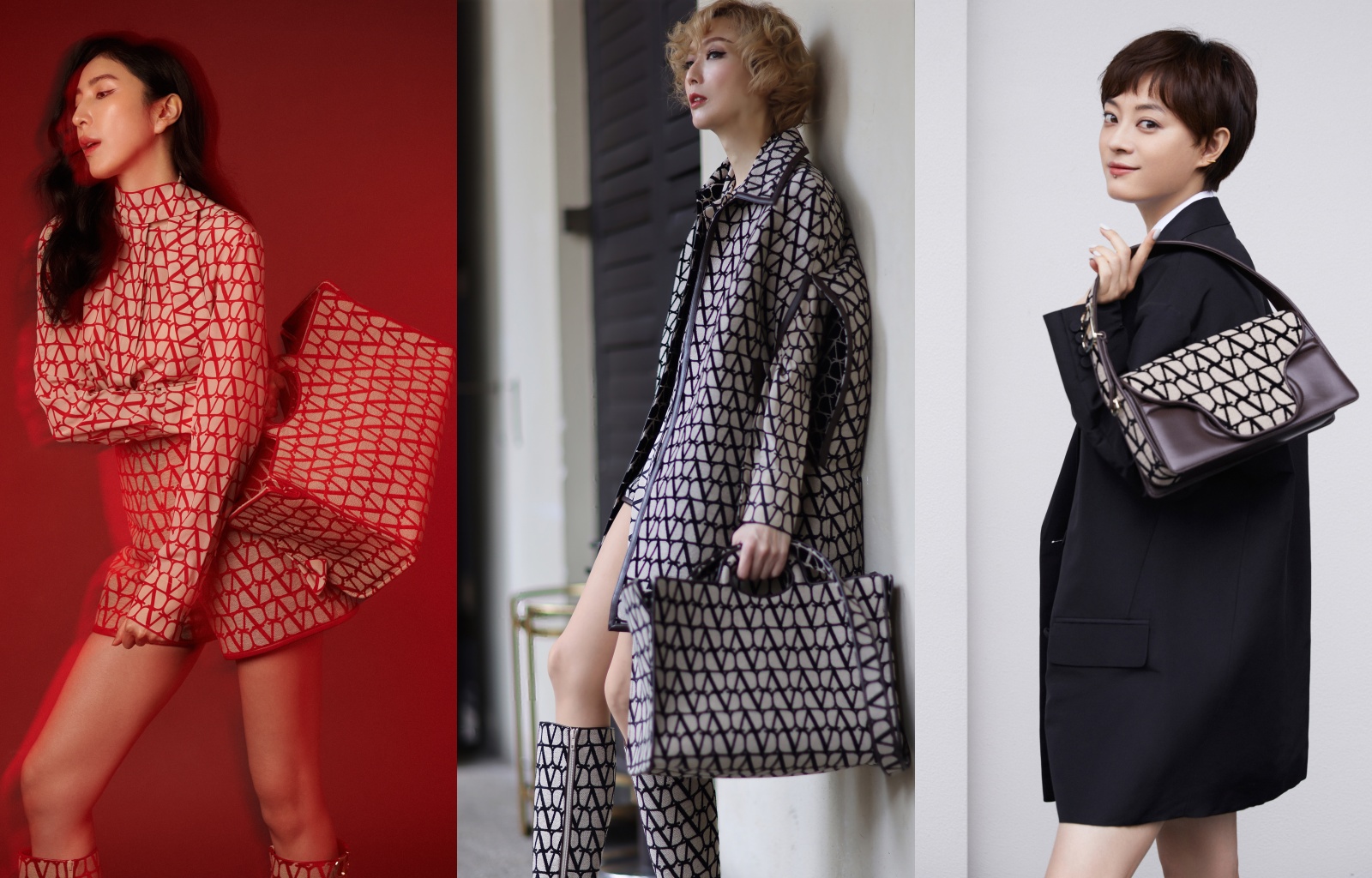 （左起）楊謹華、鄭秀文、孫儷各自以不同風格詮釋Toile Iconographe V標誌。（VALENTINO提供）