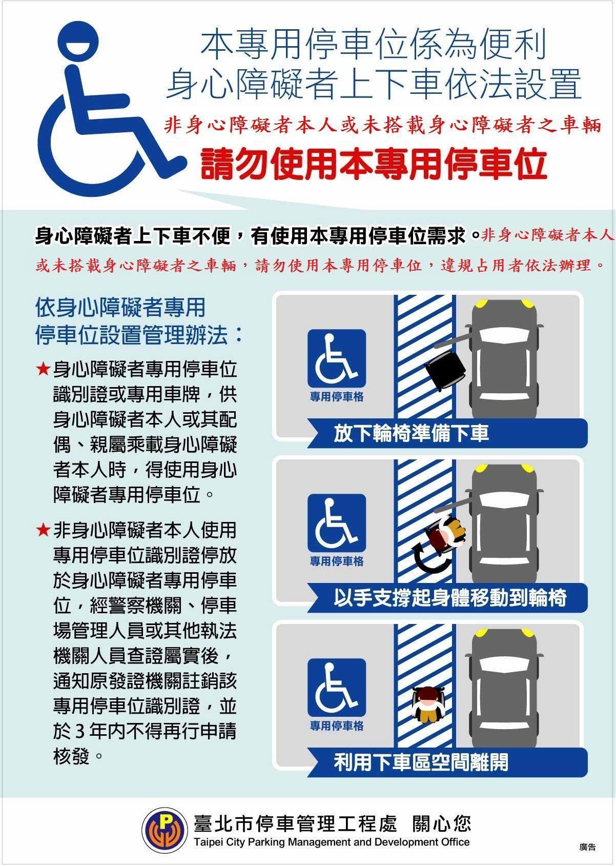 若違法占用身障專用車位，最高可處新台幣1,200元。（翻攝自臺北交通大家談臉書）