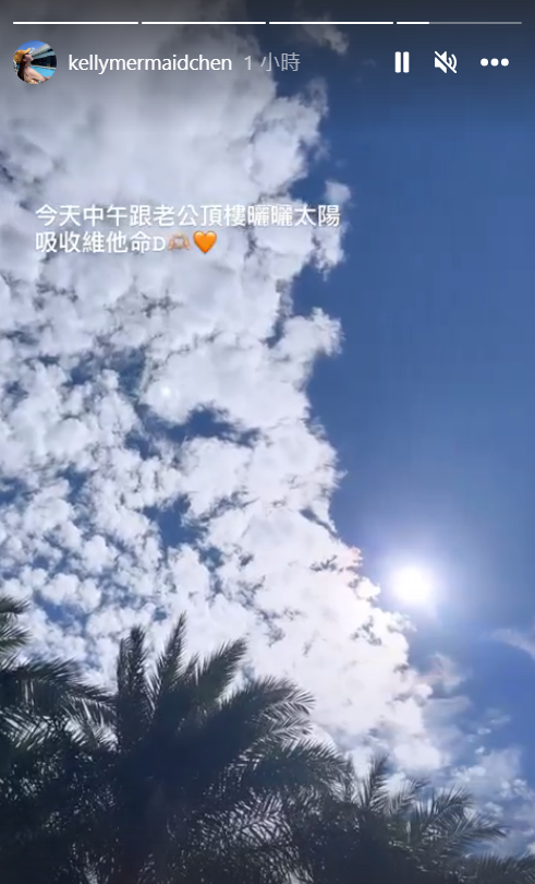 陳若儀也在IG限動發照片，透露和林志穎一同在頂樓曬太陽。（翻攝陳若儀IG）