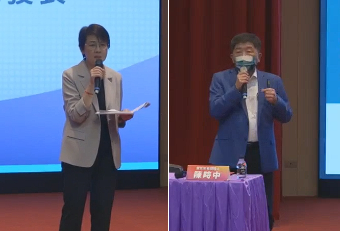 「2022台北市長候選人教育政見座談會」邀請藍綠白3名候選人來暢談自己的教育政策理念，其中黃珊珊（左）卻和陳時中（右）隔空開火，煙硝味十足。（翻攝自國教行動聯盟直播）