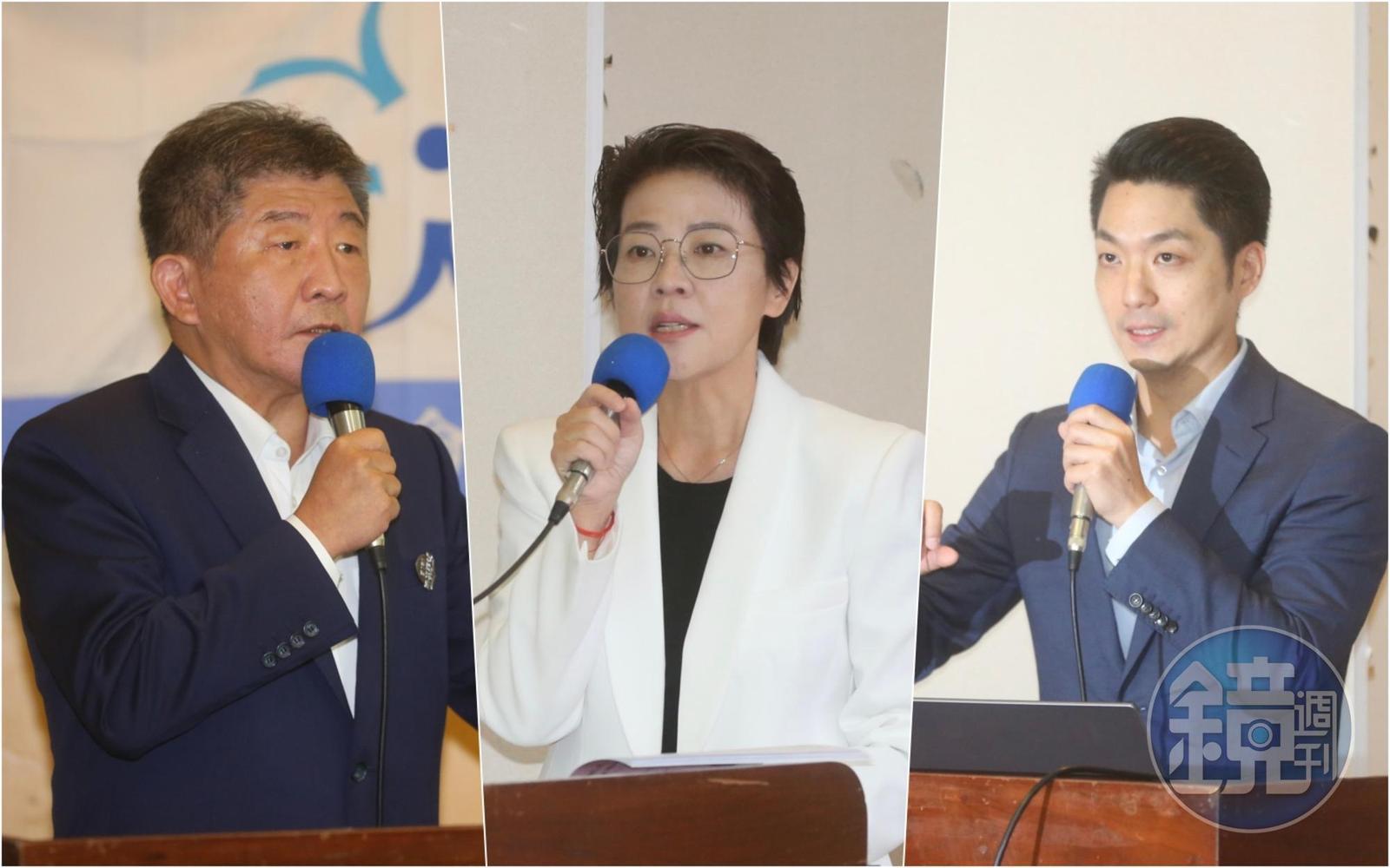 陳時中(左起)、黃珊珊、蔣萬安今將於電視辯論會首度正面交鋒。(本刊資料照)
