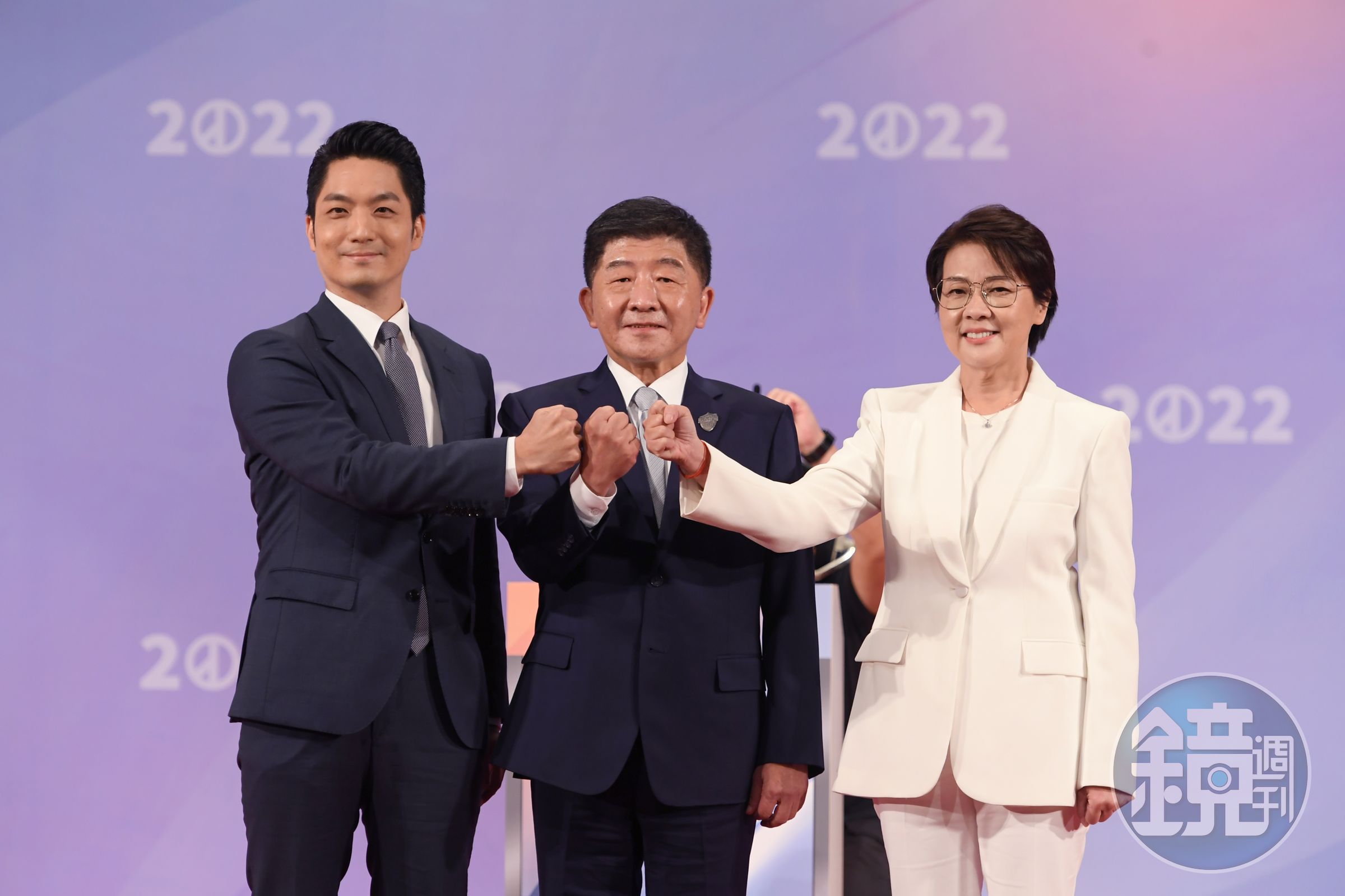 蔣萬安、陳時中和黃珊珊3位候選人今（5日）下午在電視辯論會輪流闡述政見與相互詰問。（主辦單位提供）
